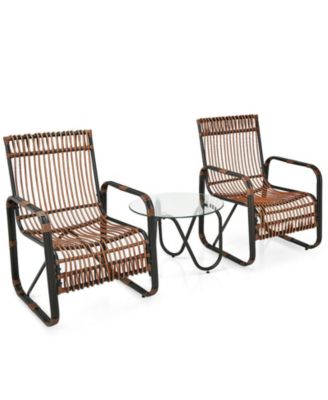 3 Pieces Patio Rattan Furniture Set with 2 Single Wicker Chairs and Glass Side Table