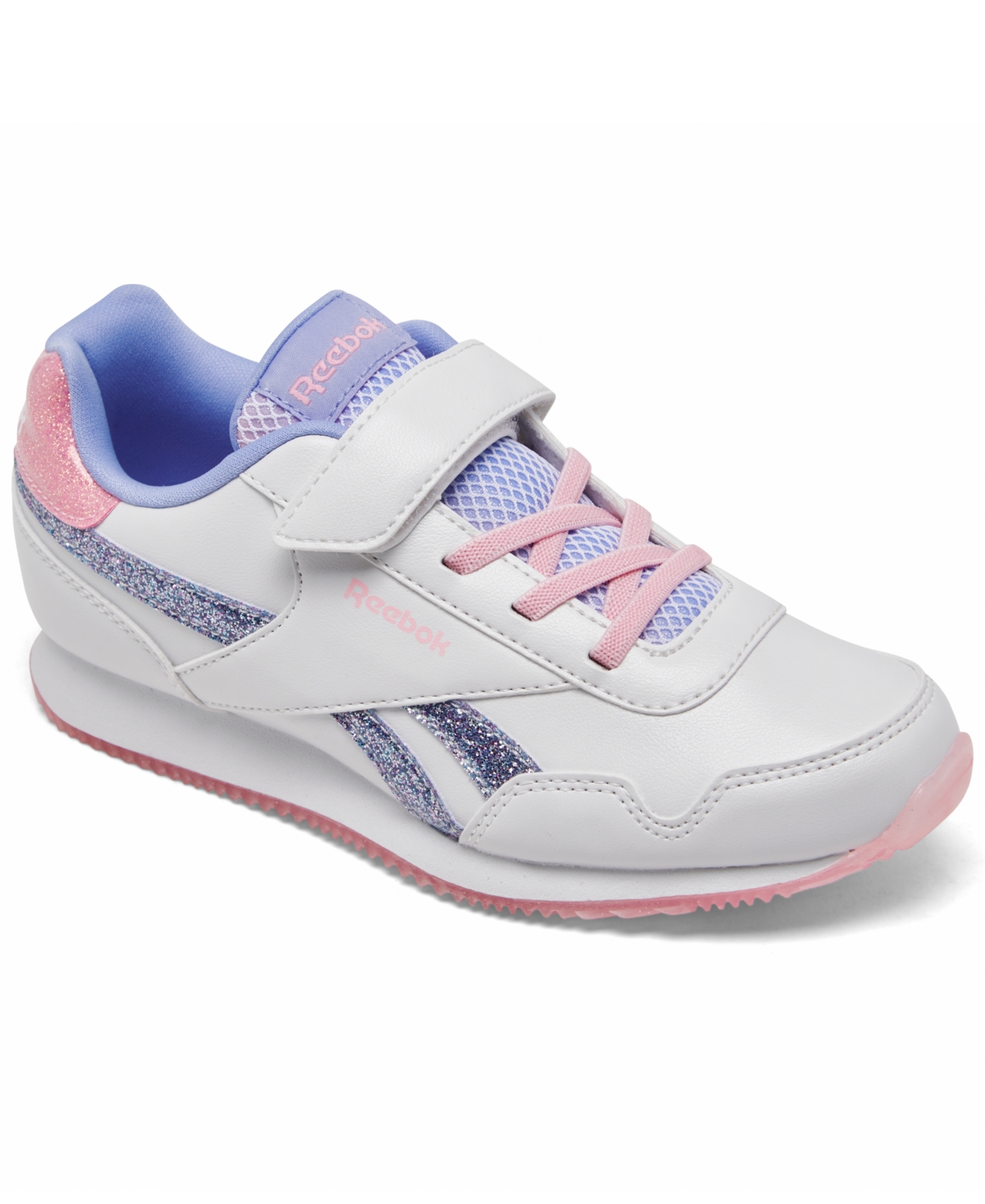 Reebok Kids' Little Girls Royal Classic Leather Jog 3.0 Fastening Strap Casual Sneakers From Finish Line In White,pink,purple