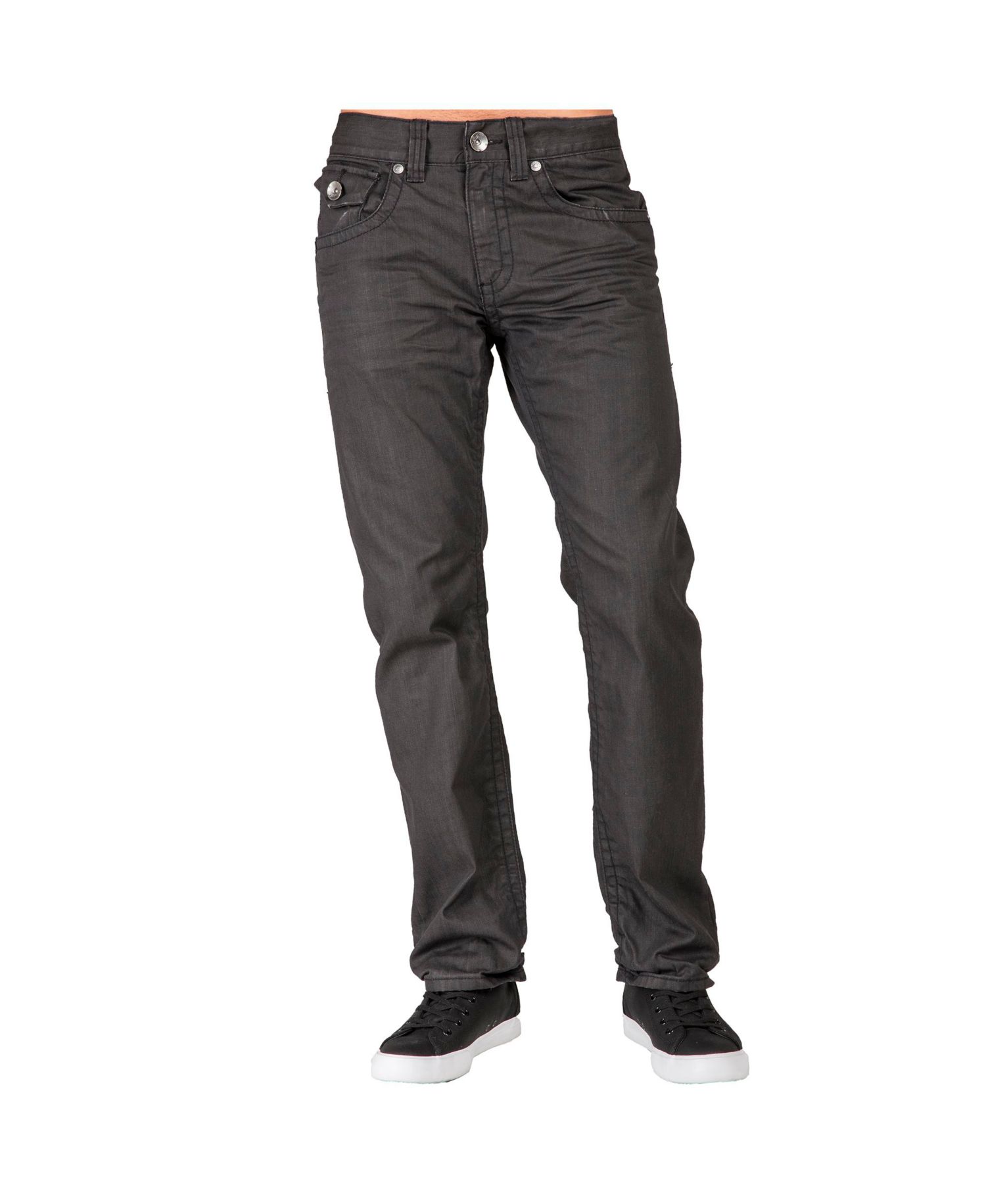 Men's Relaxed Straight Leg Premium Denim Jeans Black Coated Throwback Style Zipper Trim Pockets