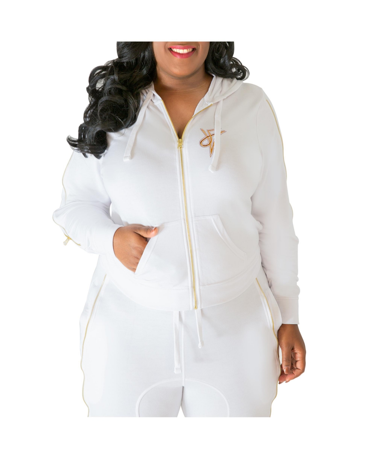 Women's Plus Size Curvy Fit French Terry Gold Zip Wrap Tie Hoodie - White