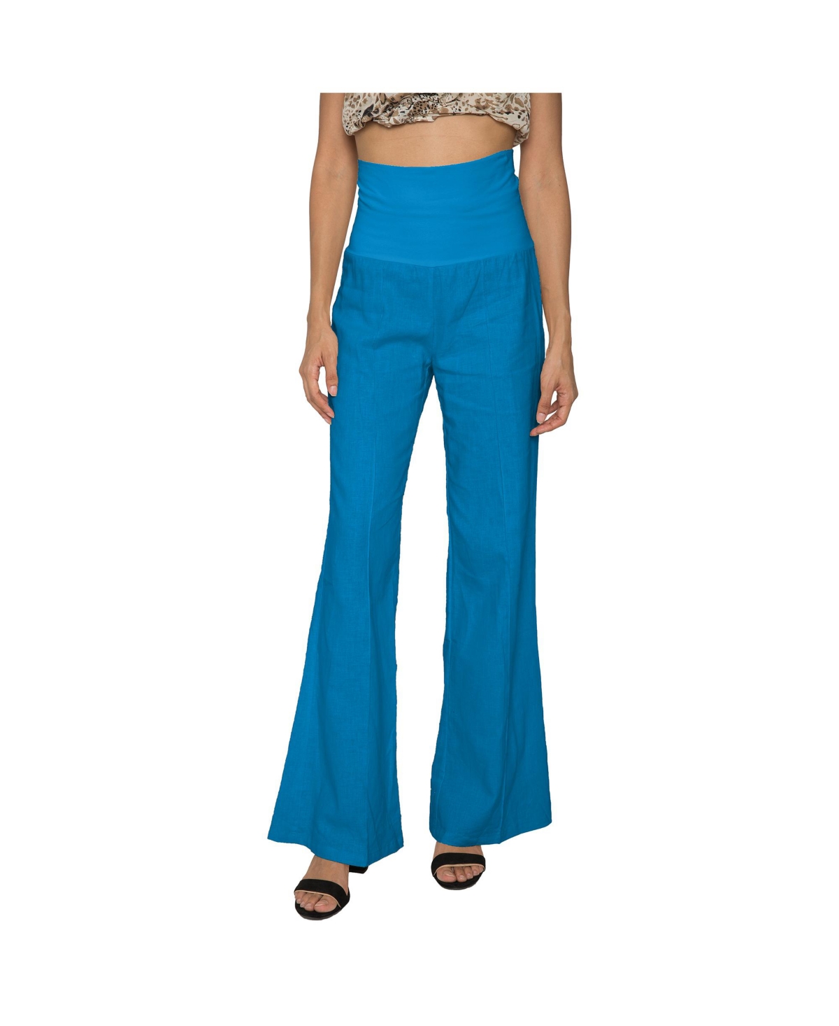 Women's Linen-Cotton Wide Leg Yoga Pants With Fold-over Elastic Waist - Turquoise