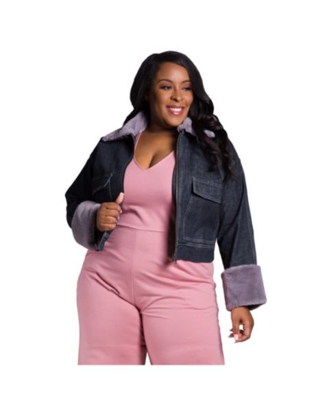 Женские куртки Poetic Justice Women's Plus Size Curvy Fit Zip Up Faux Fur Trim Trucker Jacket