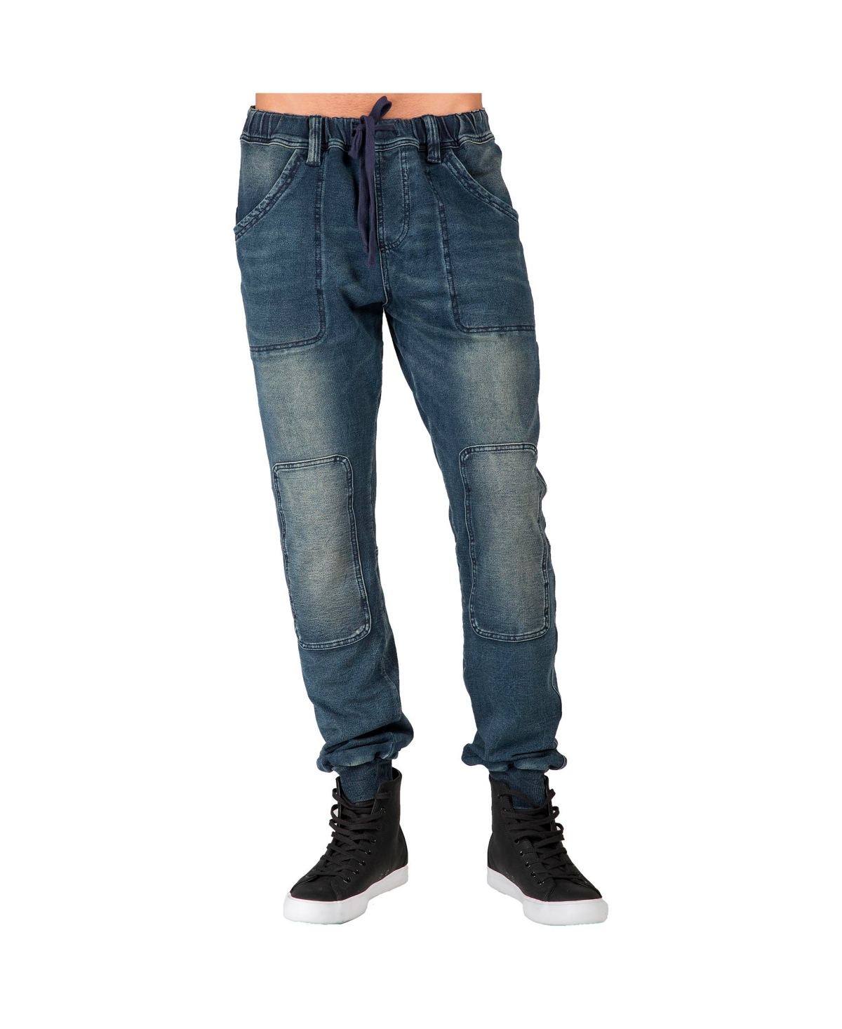Men's Premium Knit Denim Jogger Jeans Indigo Hand Sanded Knee Patches - Dark imperial