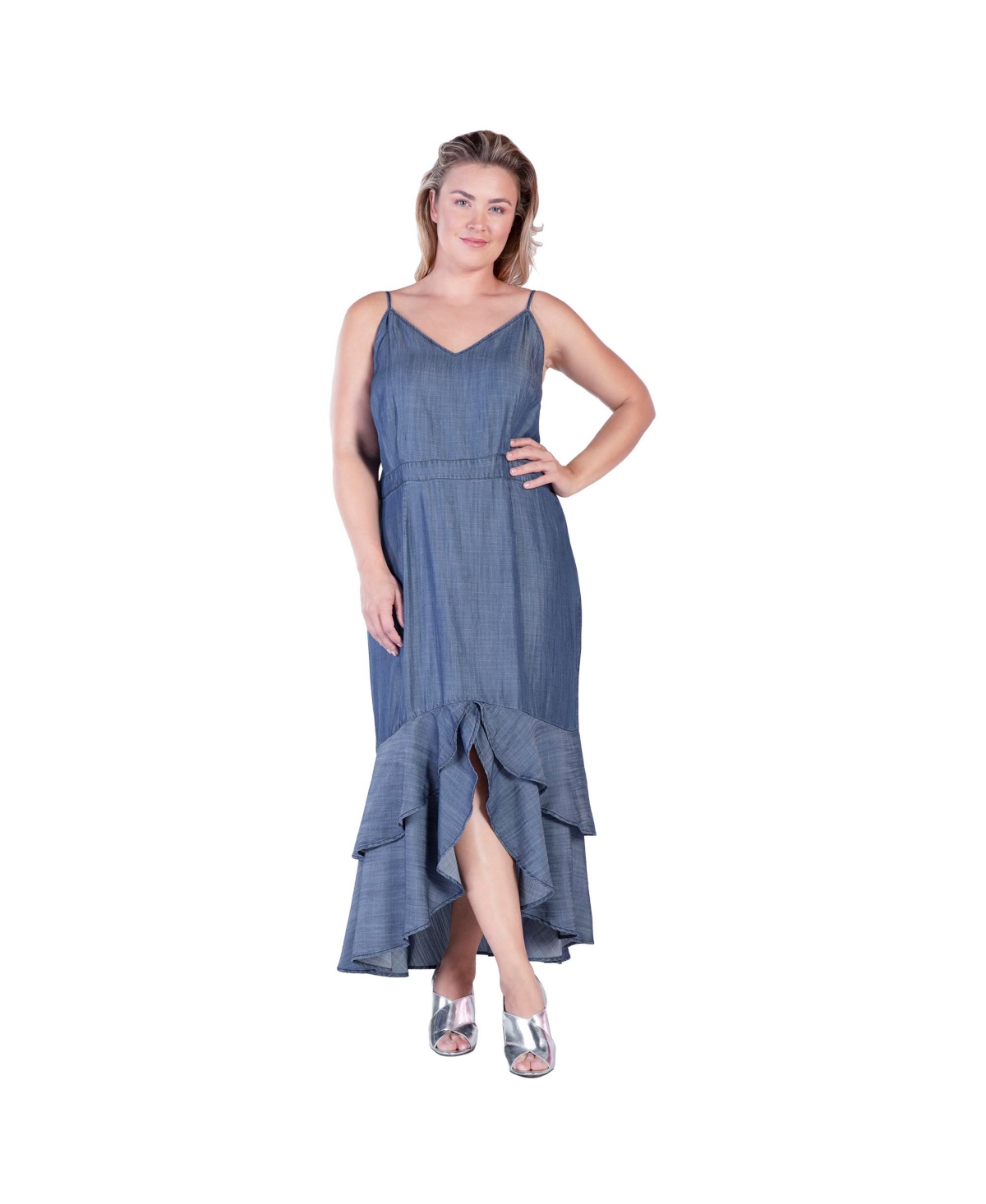 Women's Plus Size Tencel High-Low Ruffle Hem Maxi Dress - Indigo rinse
