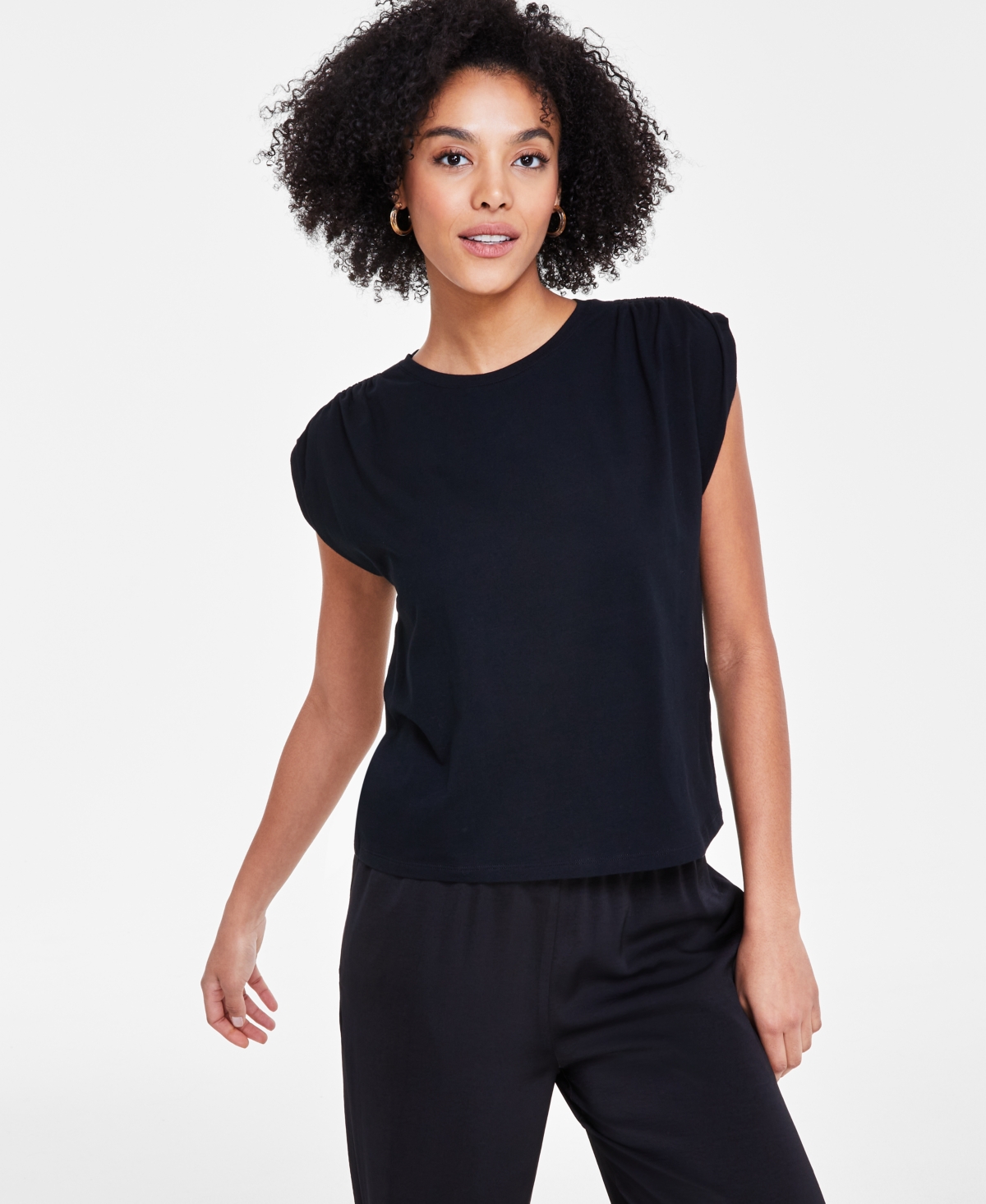 Shop Bar Iii Petite Ruched-shoulder Cap-sleeve Knit Top, Created For Macy's In Deep Black