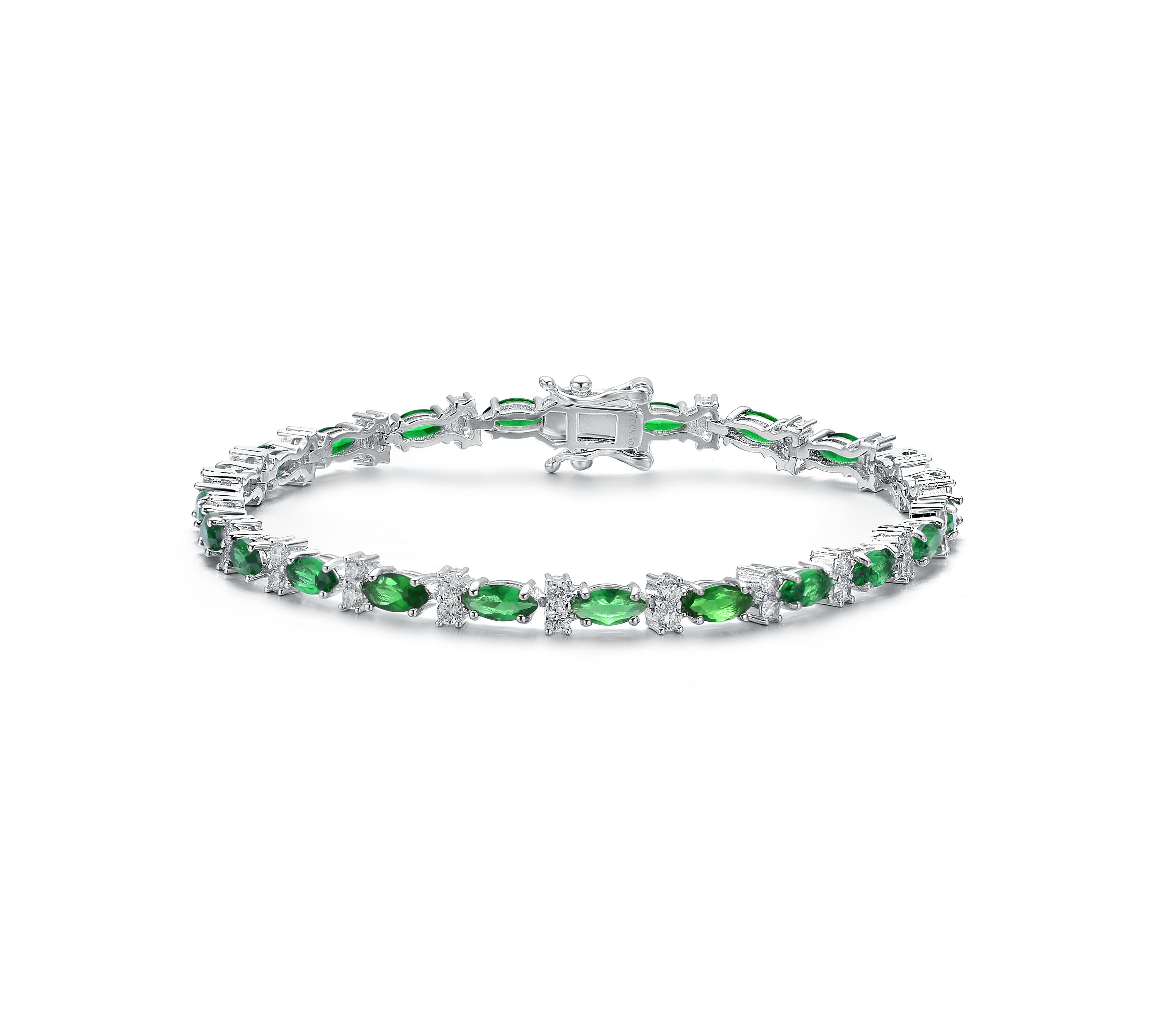 Sterling Silver White Gold Plated Colored Marquise Cubic Zirconia Tennis Bracelet