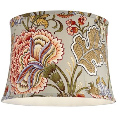 Sage Green with Flower Print Medium Drum Lamp Shade 14" Top x 16" Bottom x 11.5" High (Spider) Replacement with Harp and Finial