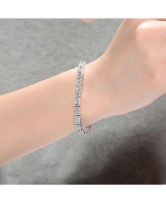 Sterling Silver with White Gold Plated Clear Green and Round Cubic Zirconia Cluster Rectangular Link Bracelet