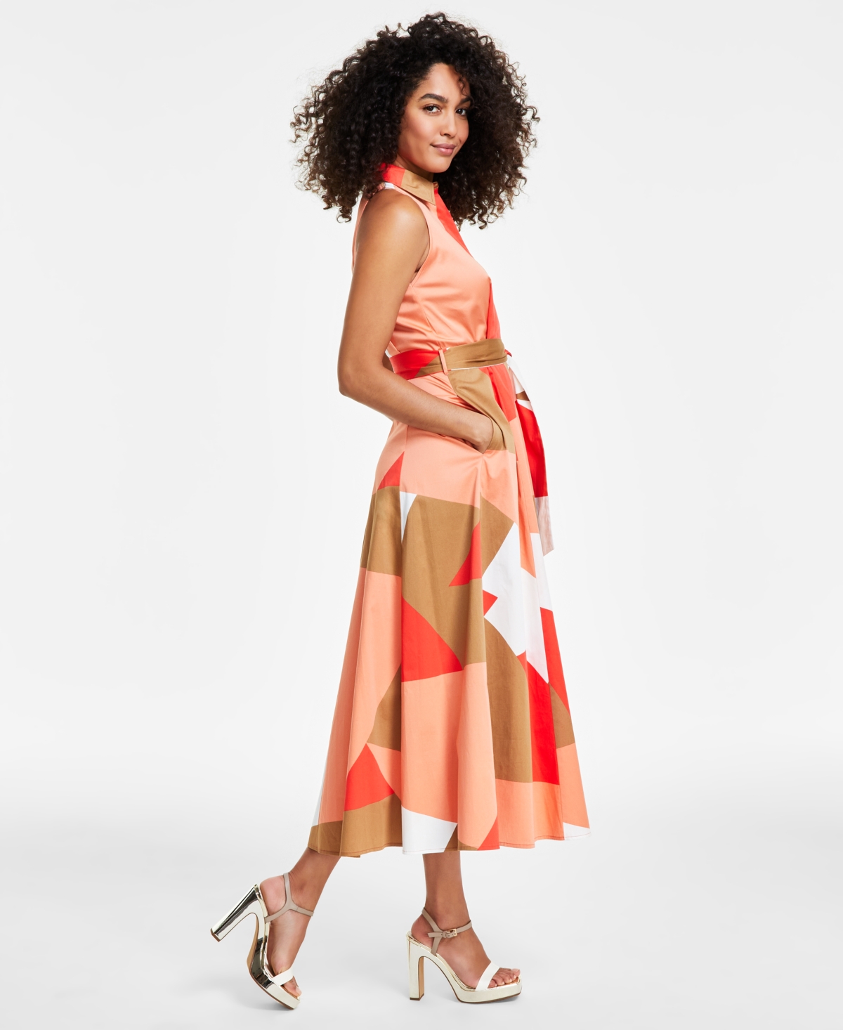 Shop Donna Karan Women's Collared Button-front Maxi Dress In Melon Multi