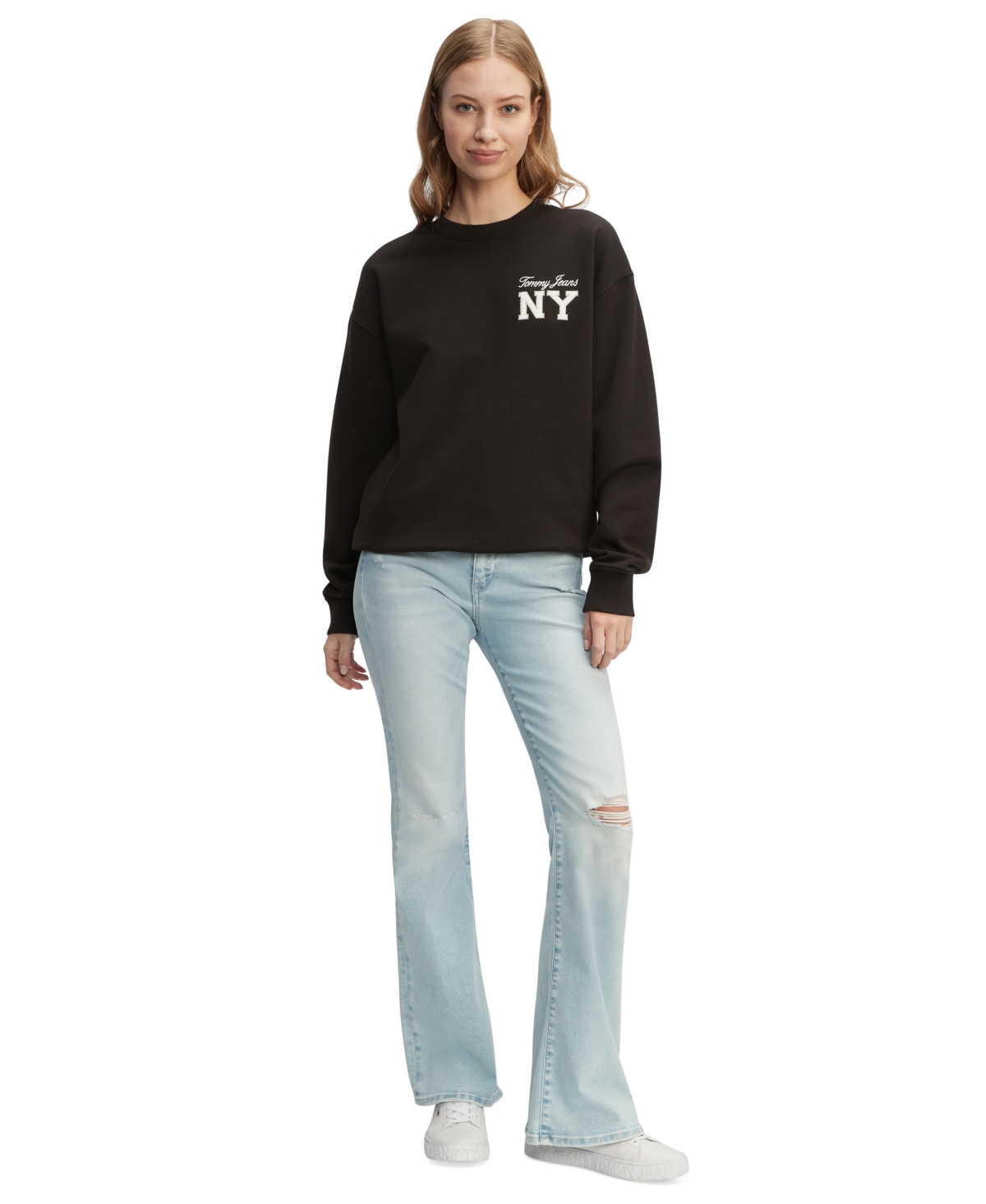 Shop Tommy Jeans Women's Cotton Sport Essential Crewneck Sweatshirt In Black