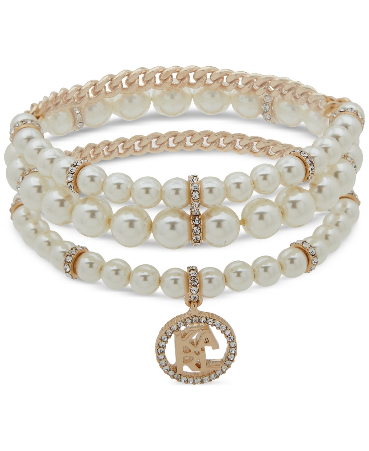 Gold-Tone 3-Pc. Set Pave Logo & Imitation Pearl Stretch Bracelets - Pearl