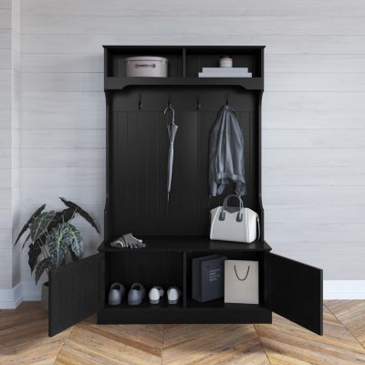 Hall Tree With Double Door Entryway Storage Bench, 4 Hook Coat Rack, Top Storage Cubbies