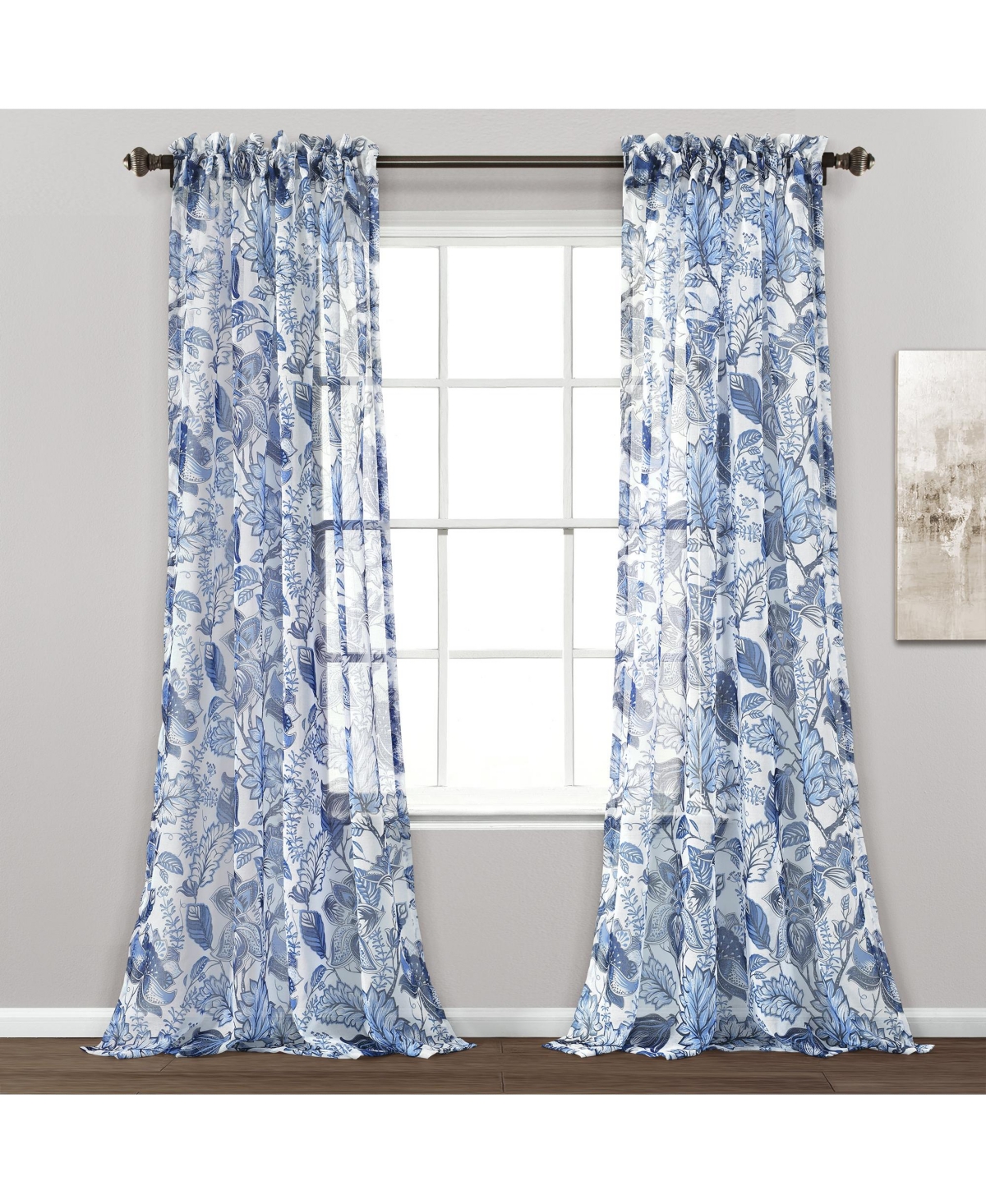 Lush Decor Cynthia Jacobean Sheer Window Curtain Panels Blue 52x84+2 Set