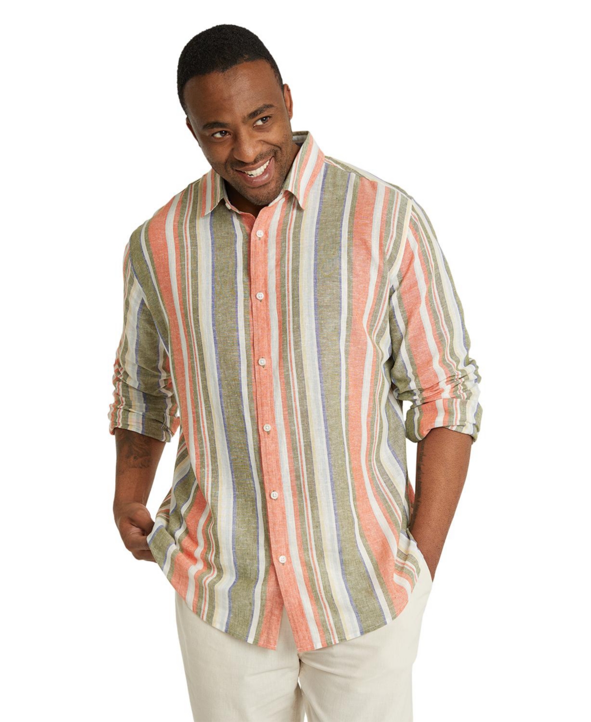Johnny Big Men's Portugal Stripe Linen Shirt Big & Tall - Green