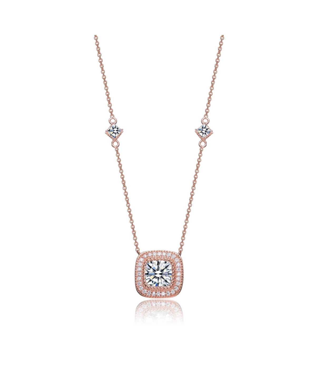 Sterling Silver Cubic Zirconia 18K Rose Gold Plated Square Stud Necklace - Pink