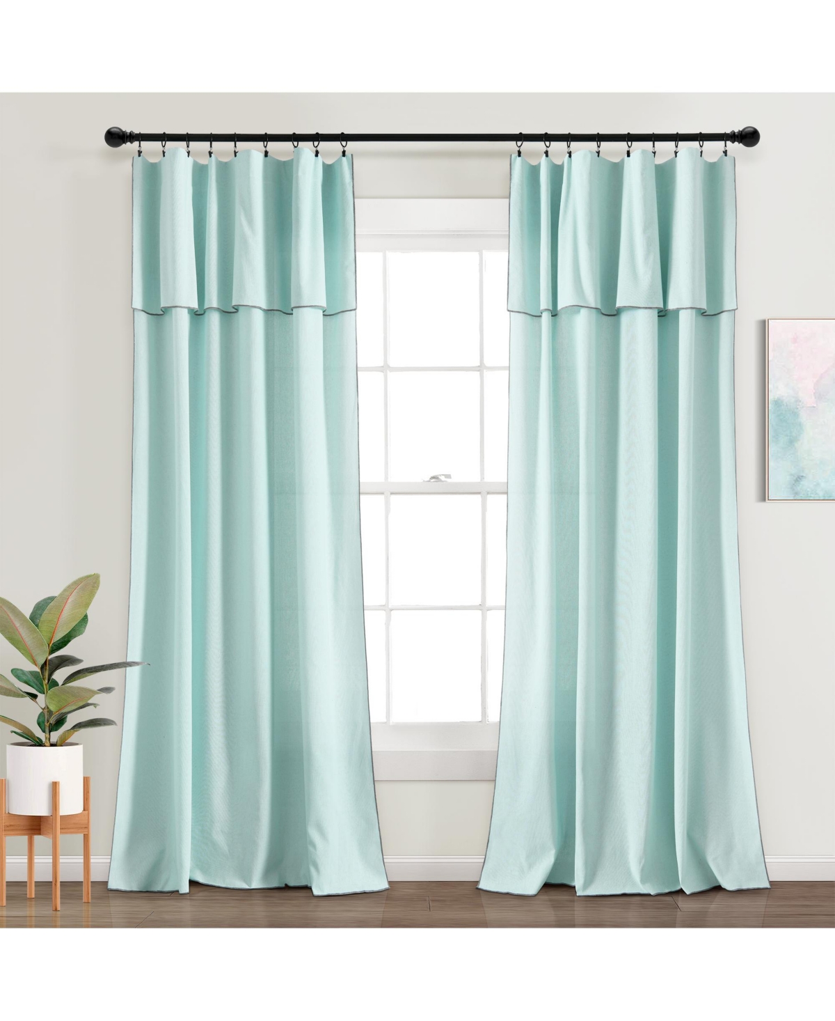 Lush Decor Modern Faux Linen Embroidered Edge With Attached Valance Window Curtain Panels In Blue