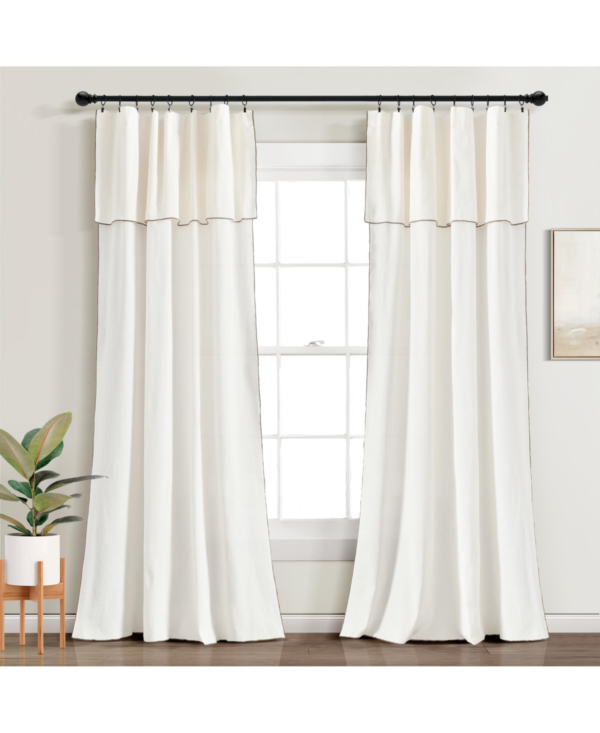 Lush Decor Modern Faux Linen Embroidered Edge With Attached Valance Window Curtain Panels In Light Linen