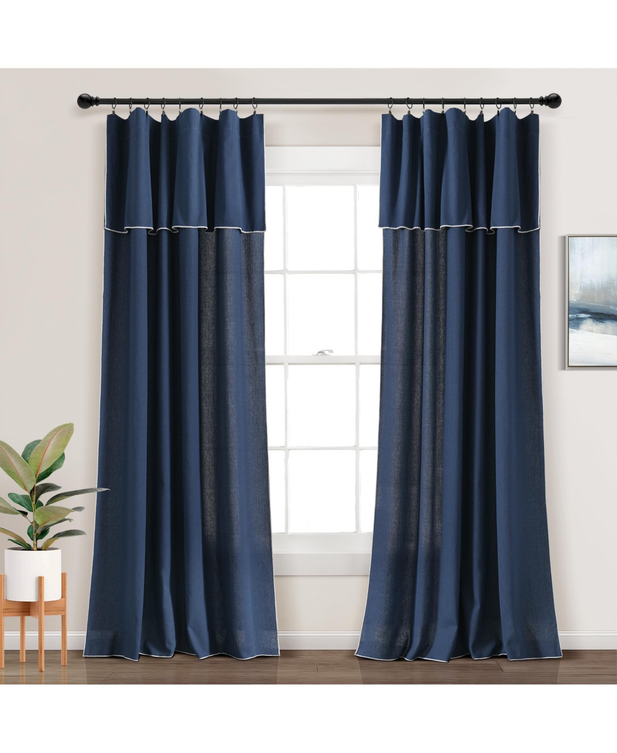 Lush Decor Modern Faux Linen Embroidered Edge With Attached Valance Window Curtain Panels In Navy