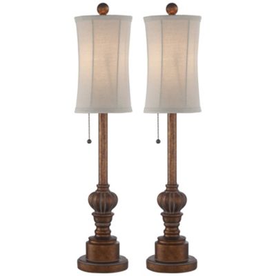Traditional Buffet Table Lamps 28" Tall Set of 2 Warm Brown Wood Tone Fabric Drum Shade for Dining Room