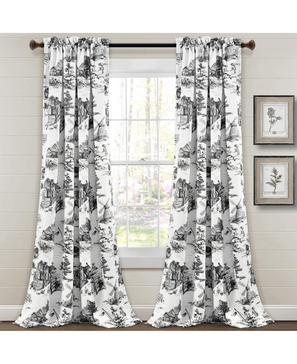 French Country Toile Light Filtering Window Curtain Panels - White