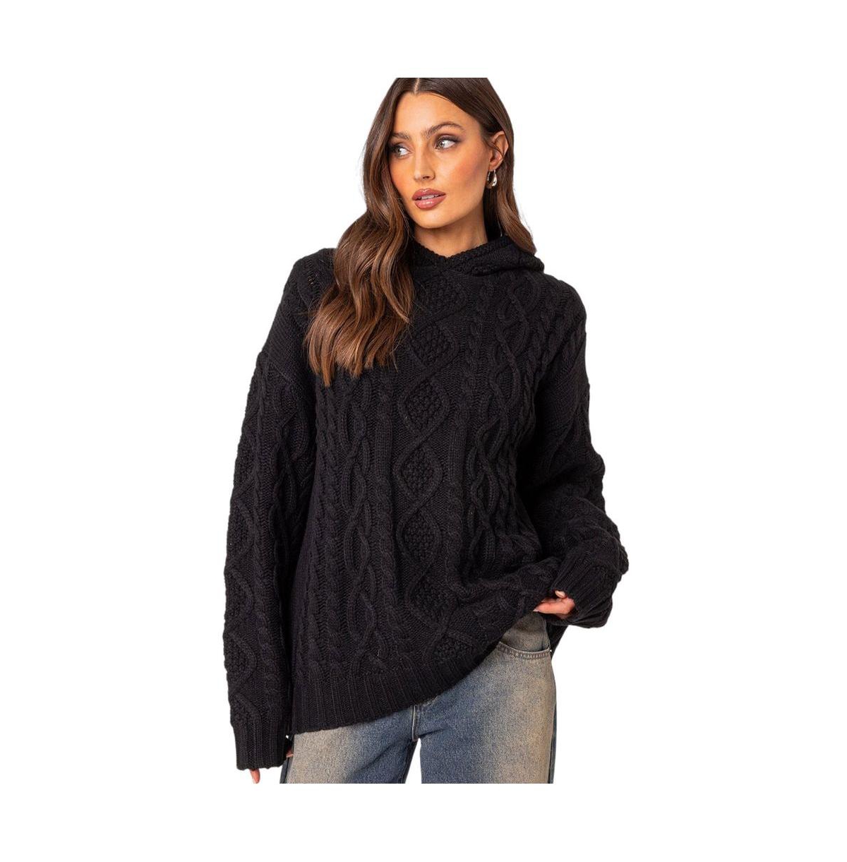 EDIKTED WOMEN'S OVERSIZED CABLE KNIT SWEATER HOODIE