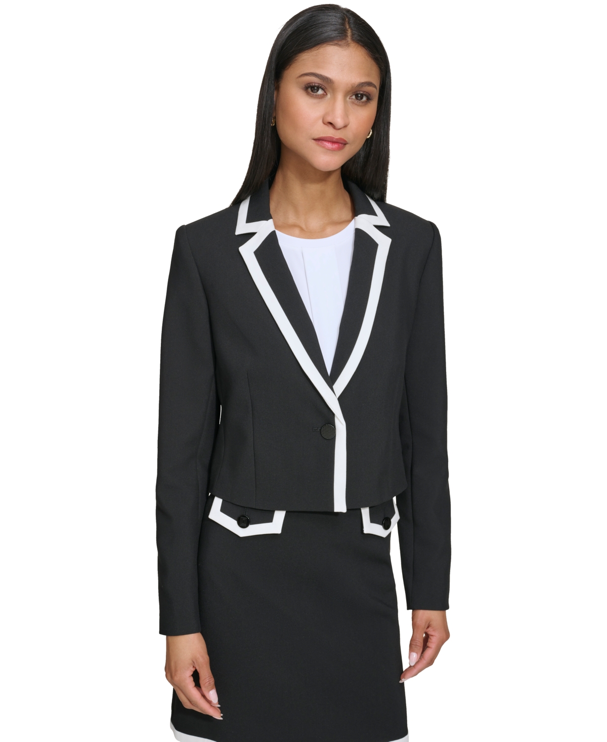 Shop Karl Lagerfeld Women's Colorblocked Cropped Single-button Blazer In Black,soft White