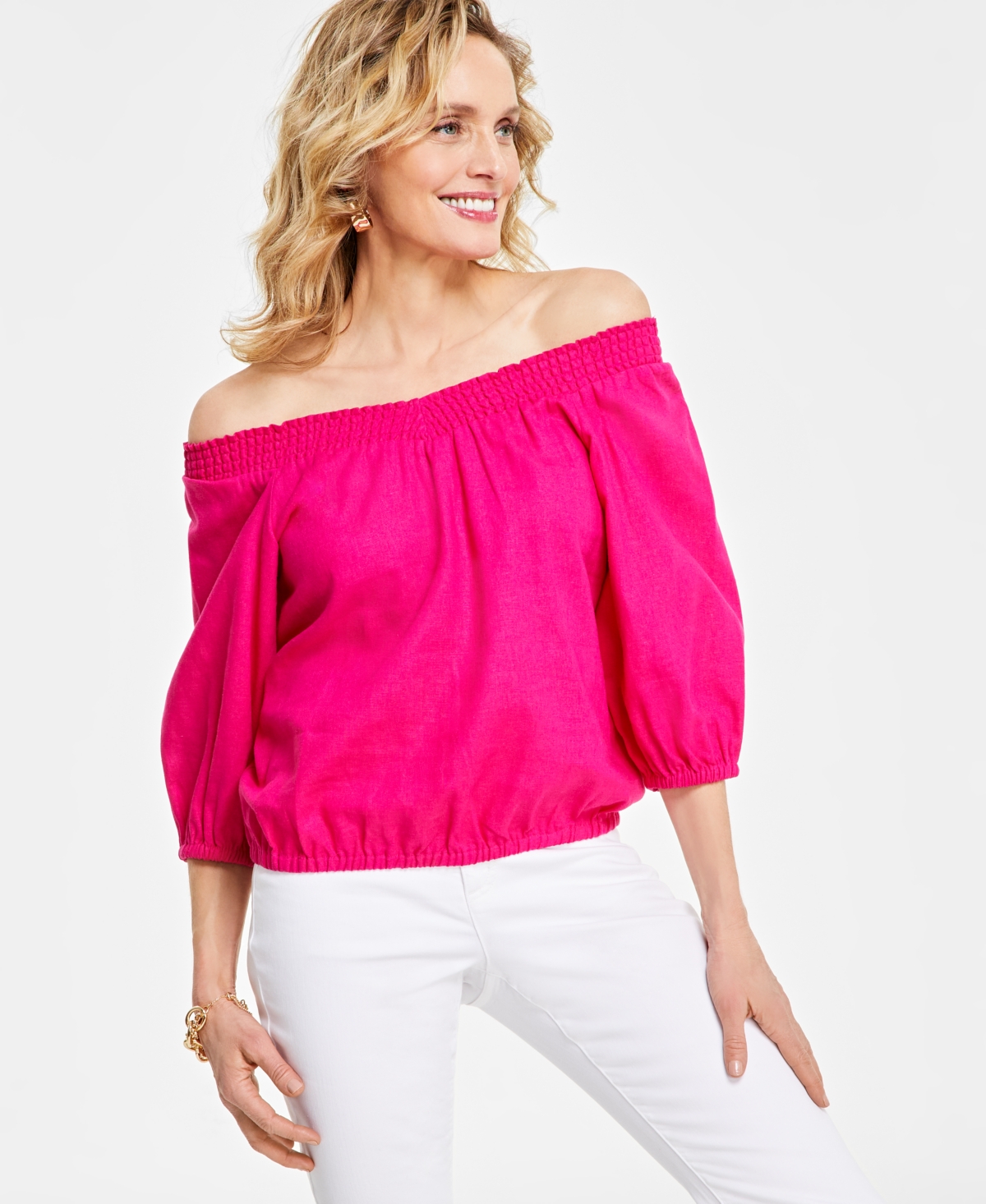 Inc International Concepts Women's Smocked Off-the-shoulder Blouse, Created For Macy's In Pink Dragonfruit