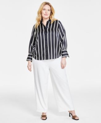 Shop Vince Camuto Plus Size Striped Button Down Bell Sleeve Shirt Flat Front Elastic Waist Wide Leg Pants In Rich Black