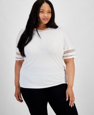 Anne Klein - Plus Size Lace-Trim Elbow-Sleeve Tee