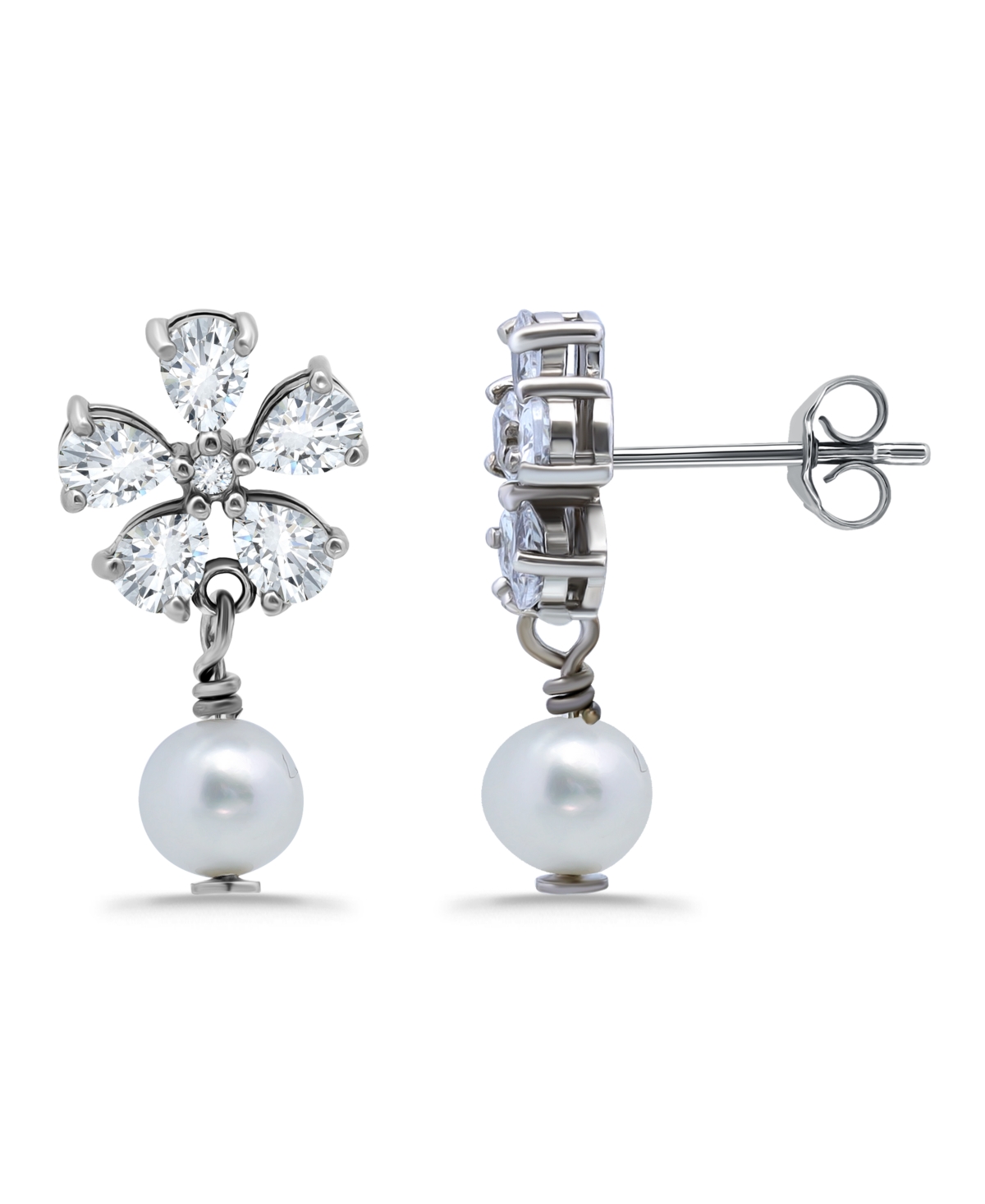 Macy's White Cultured Pearl And Cubic Zirconia Floral Top Drop Earring In Silver