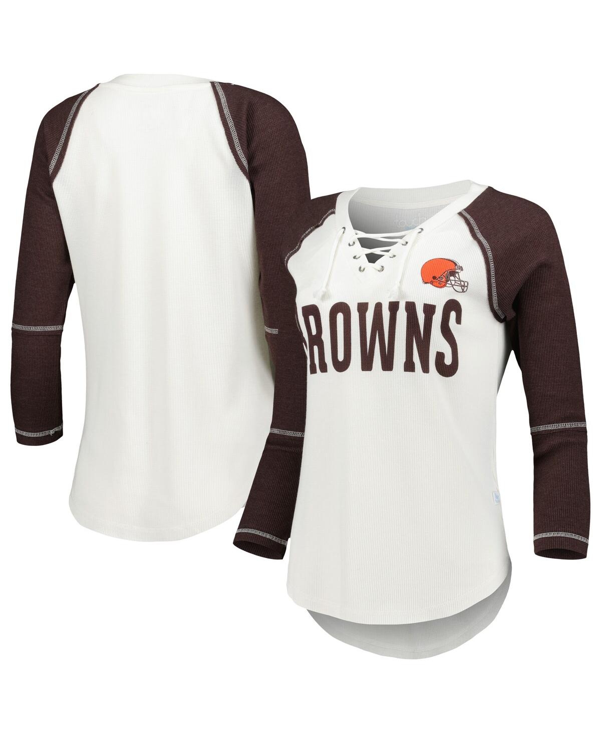 Women's Touch White, Brown Cleveland Browns Rebel Raglan Three-Quarter Sleeve Lace-Up V-Neck T-shirt - White, Brown