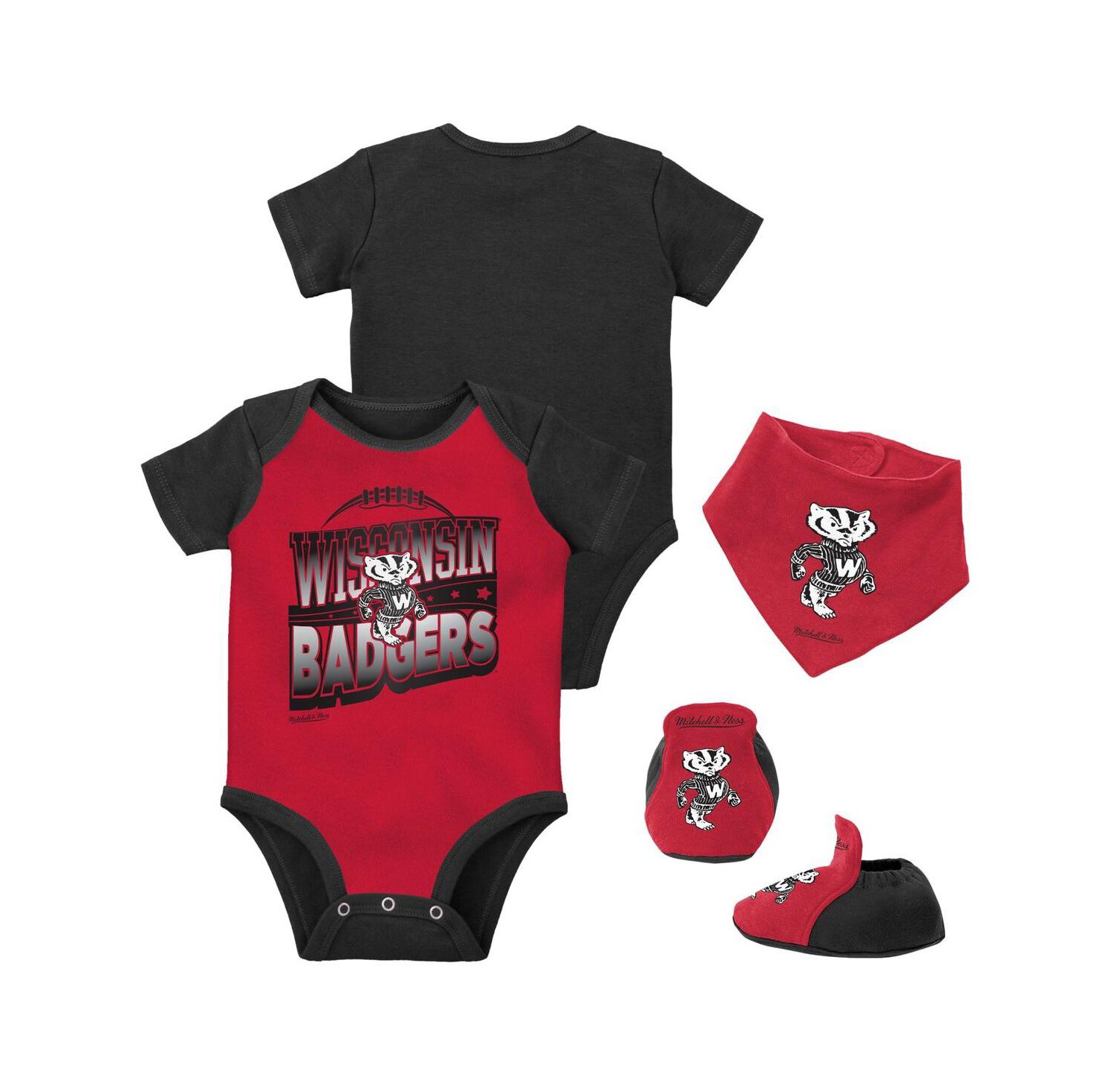 Baby Boys and Girls Black, Red Wisconsin Badgers 3-Pack Bodysuit, Bib and Bootie Set
