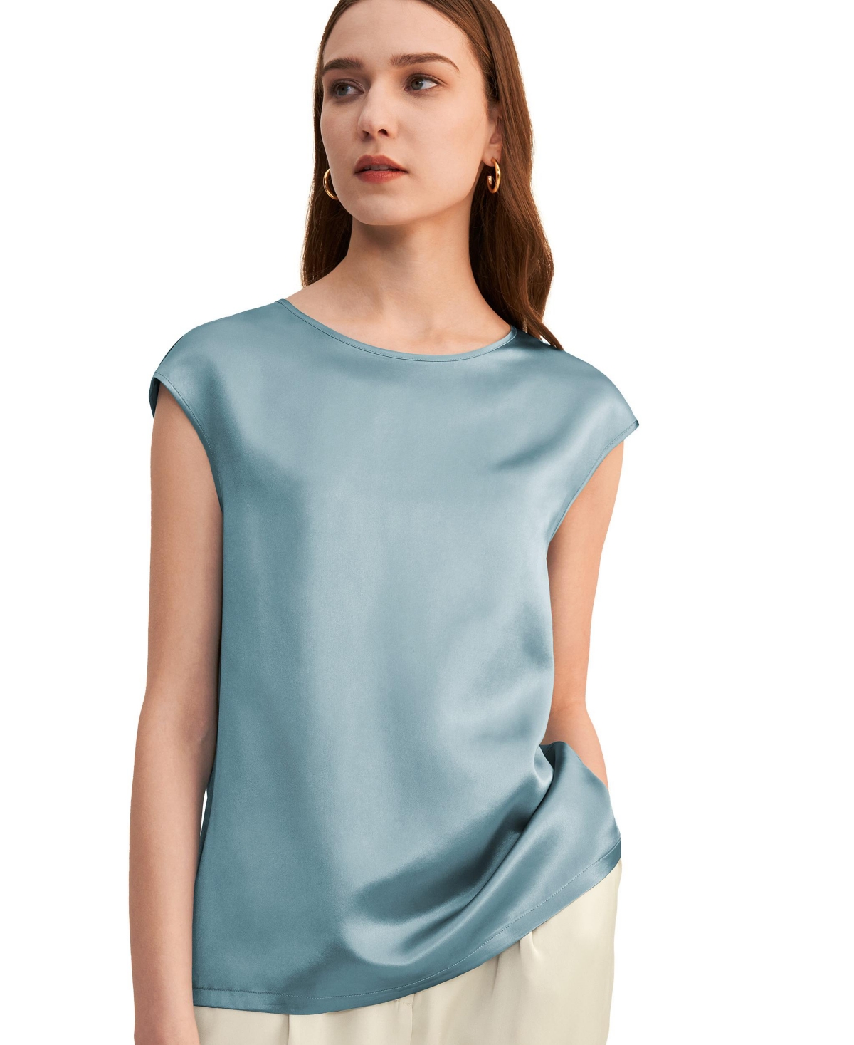 Lilysilk Women's Basic Cap Sleeves Silk Tee - Blue-haze
