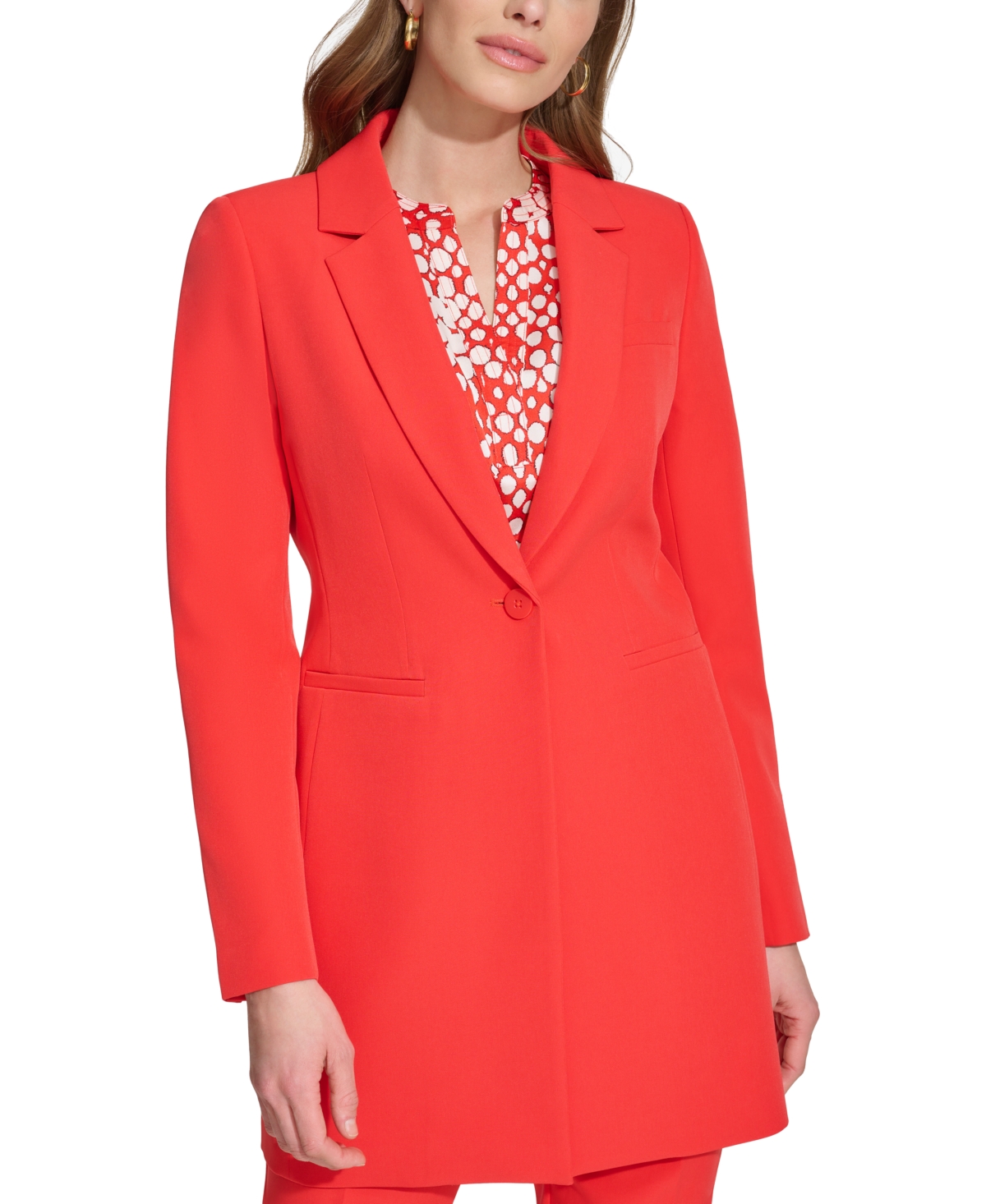 Dkny Womens Notch Collar Long One-button Blazer In Flame