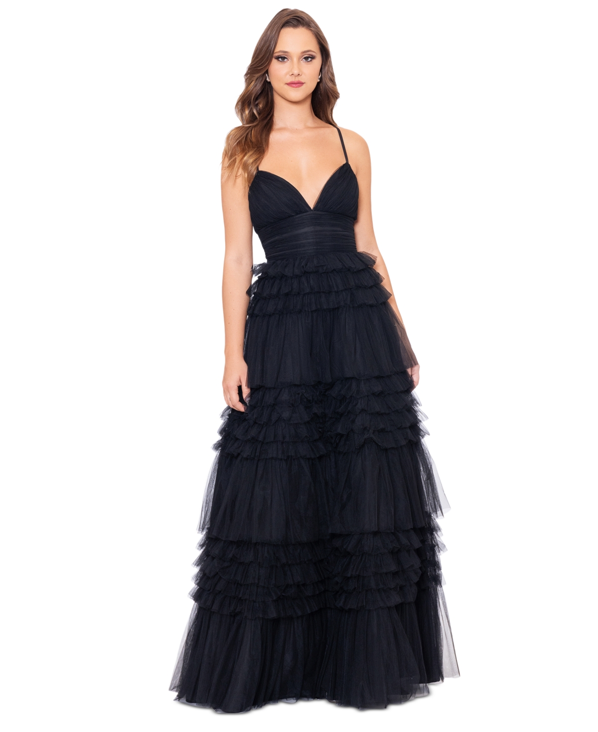 Betsy & Adam Women's V-neck Sleeveless Tiered Ruffle Mesh Gown In Black