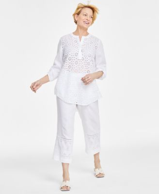 Womens Linen Eyelet Top Eyelet Trim Cropped Pants Created For Macys