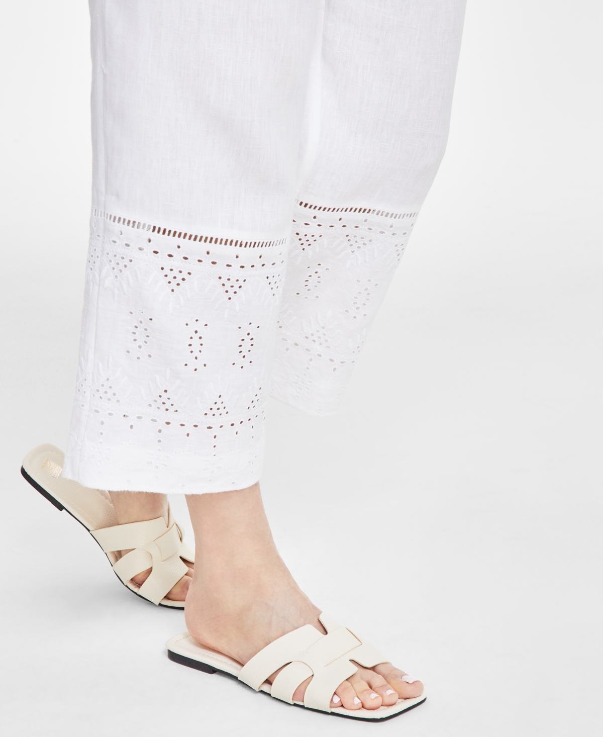 Shop Charter Club Women's 100% Linen Cropped Eyelet Pull-on Pants, Created For Macy's In Bright White