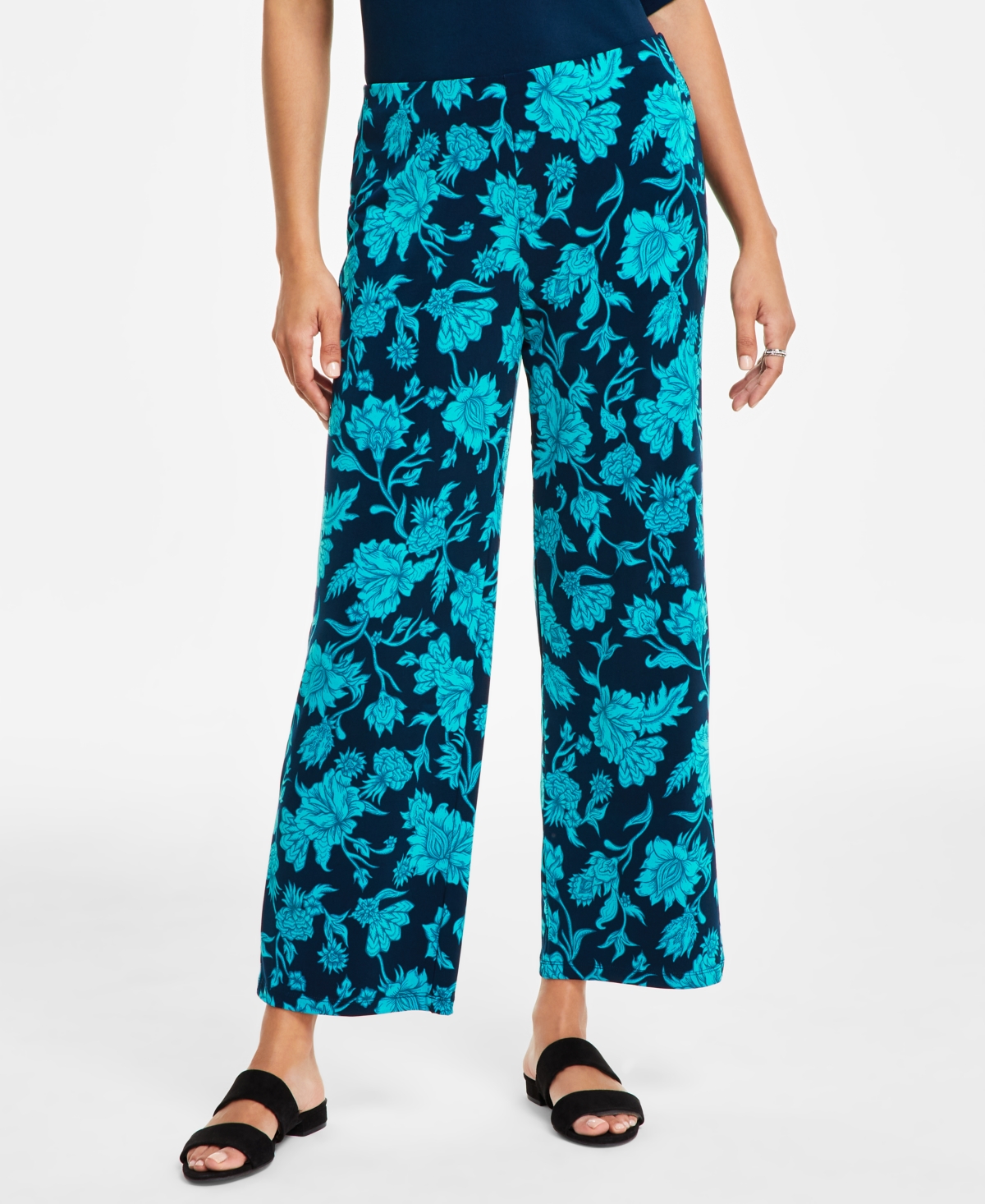 Jm Collection Plus Size Elena Printed Wide-leg Pants, Created For Macy's In Intrepid Blue Combo