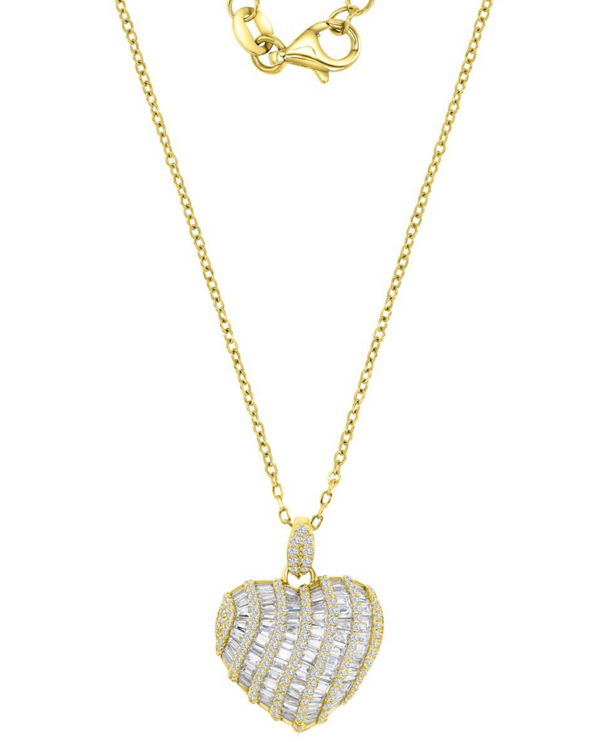 Cubic Zirconia Round & Baguette Heart Pendant Necklace in 14k Gold-Plated Sterling Silver, 16" + 2" extender - Gold