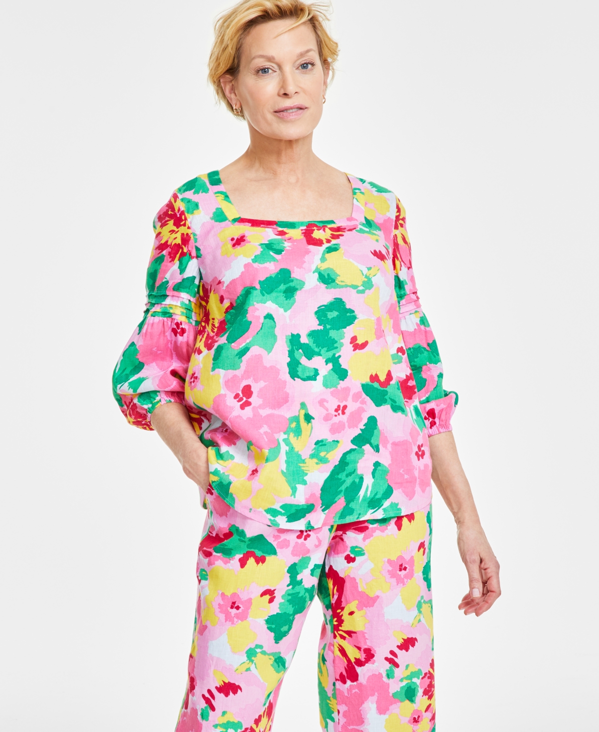 Shop Charter Club Women's 100% Linen Printed Square-neck Top, Created For Macy's In Bubble Bath Combo
