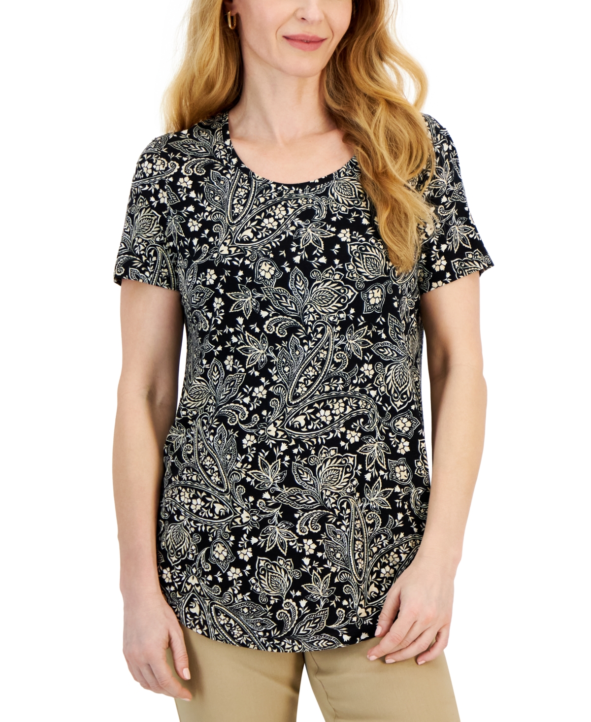Women's Short Sleeve Printed Knit Top, Created for Macy's - Deep Black Combo