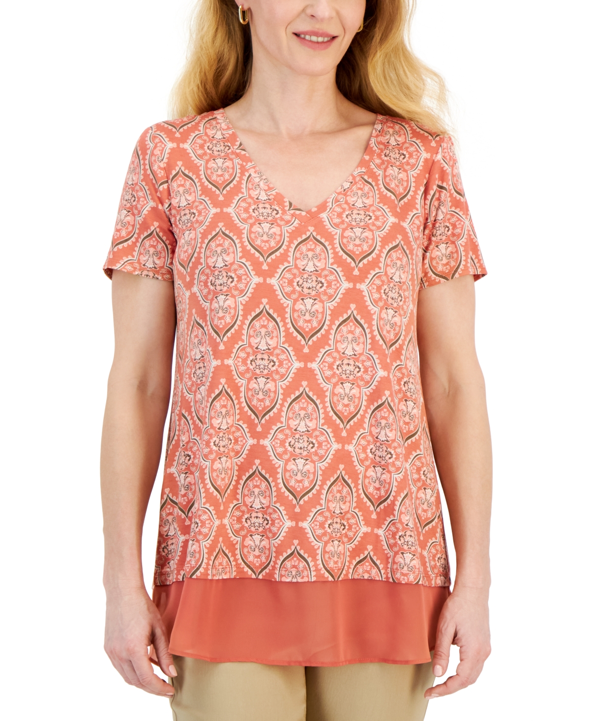 Shop Jm Collection Women's Printed Short Sleeve V-neck Twofer Top, Created For Macy's In Peach Bliss Combo