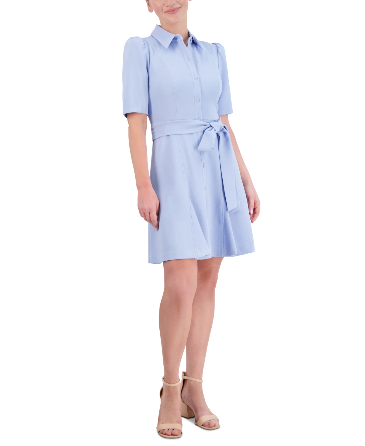 Shop Eliza J Women's Elbow-sleeve Belted Stretch Crepe Shirtdress In Light Blue