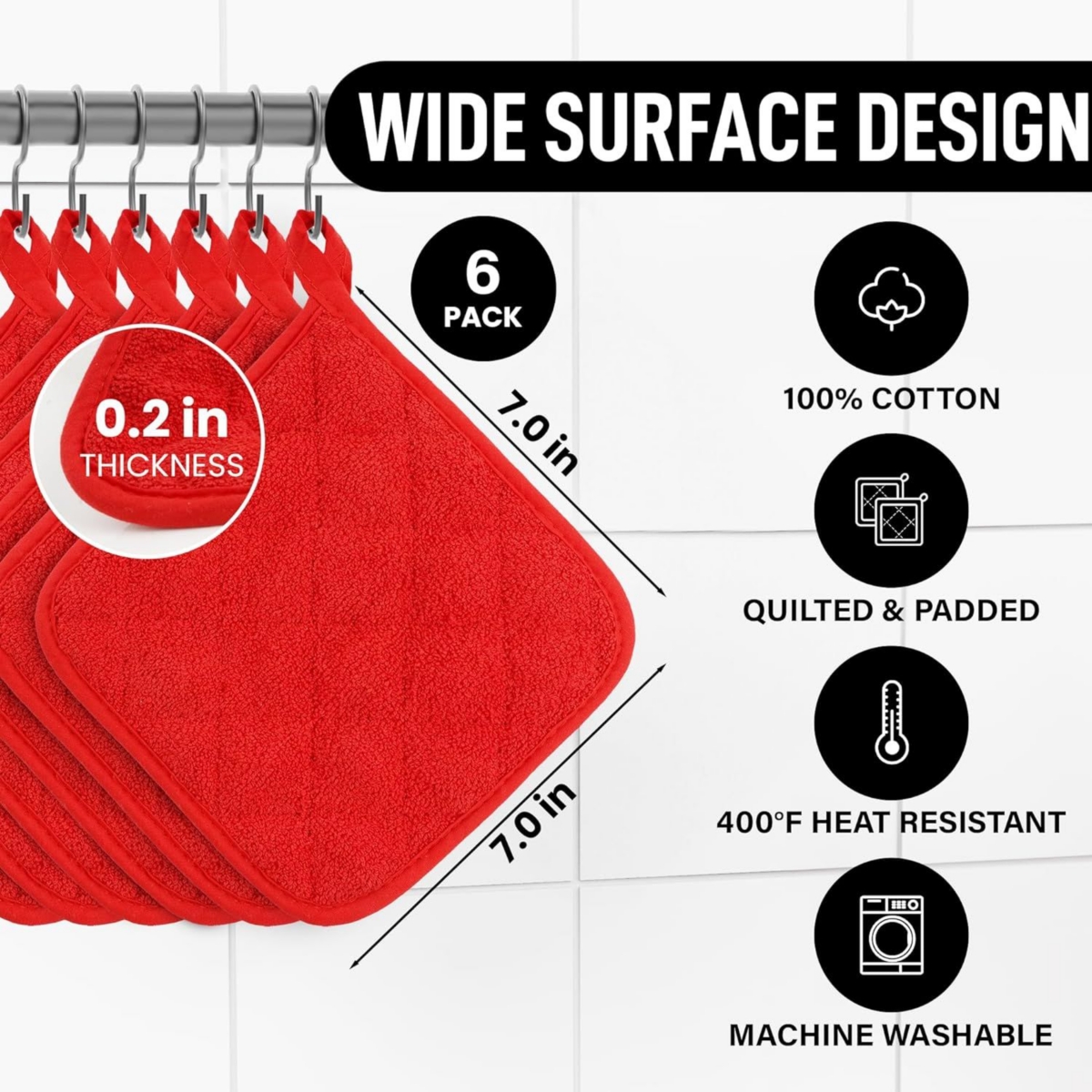 Washable Quilted Terry Cloth Potholder for Cooking and Baking (6 Pack)