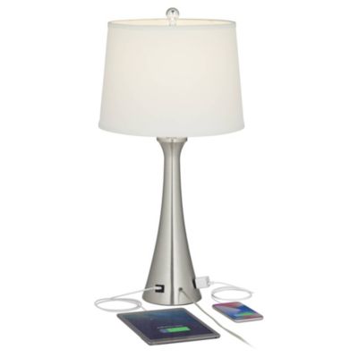 Karl Modern Table Lamps 27 1/2" Tall Set of 2 Brushed Nickel with USB and Outlet White Drum Shade for Bedroom Living Room House Bedside