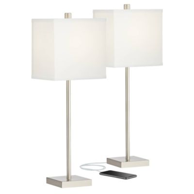 Franco Modern Table Lamps 26 1/2" High Set of 2 Brushed Nickel with USB Charging Ports White Square Shade for Bedroom Living Room Desk