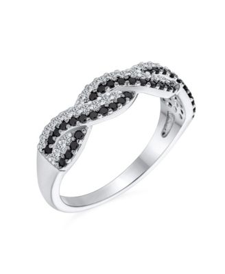 Two Tone Intertwined Twist Knot 1/2 Eternity Black & White Pave Cubic Zirconia CZ Infinity Band Ring .925 Sterling Silver