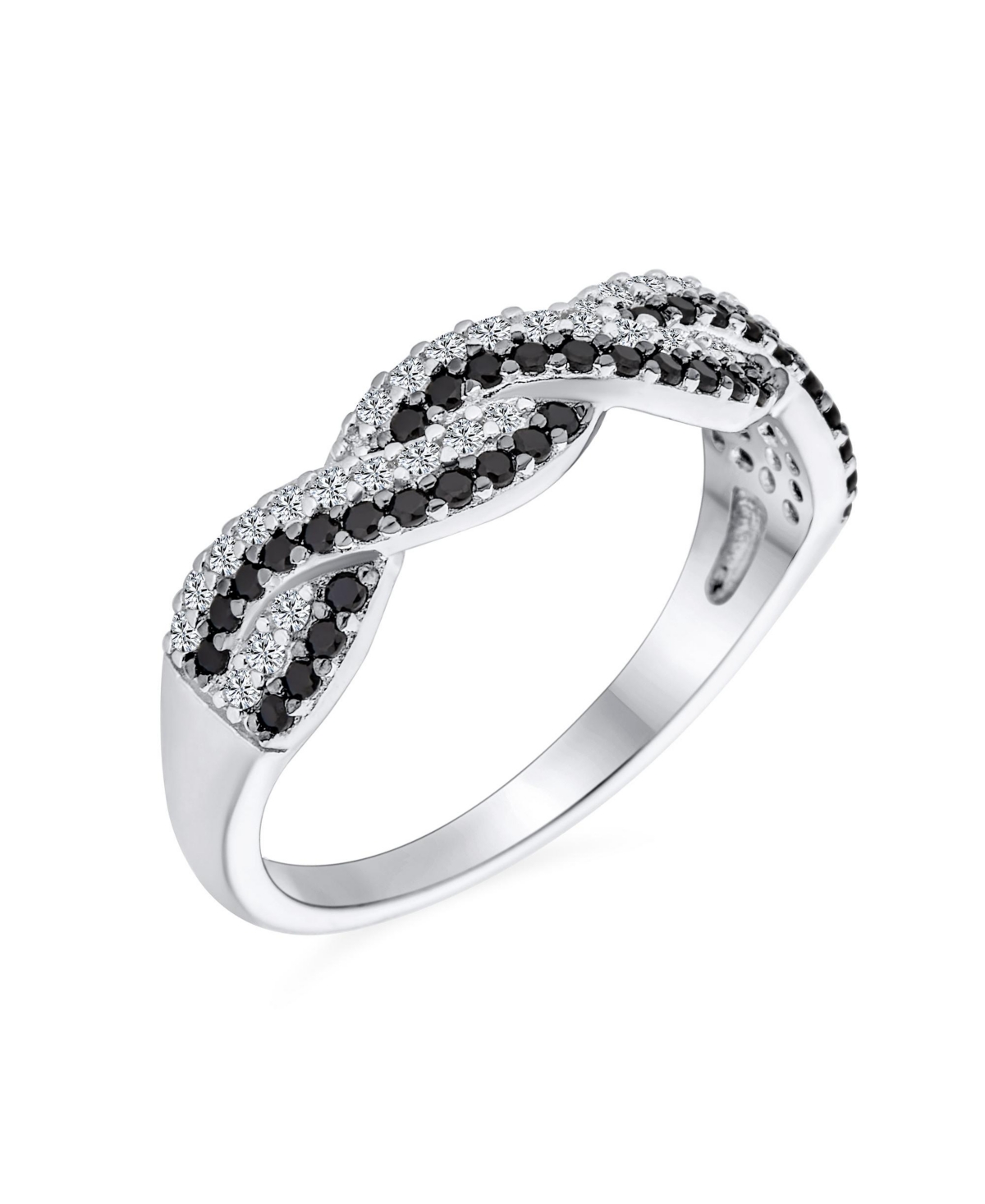Bling Jewelry Two Tone Intertwined Twist Knot 1/2 Eternity Black & White Pave Cubic Zirconia Cz Infinity Band Ring For Women .925 Sterling Silver - Si