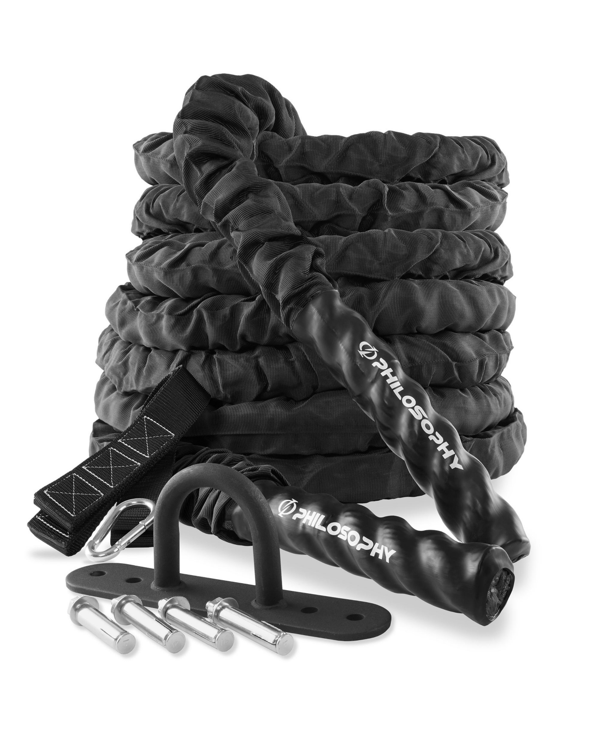 50 Foot Exercise Battle Rope 2 Inch Diameter with Cover and Anchor Kit - Black