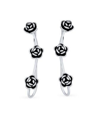 Retro 3D Flower Three Roses Wire Ear Pin Climbers Crawlers Rose Earrings Oxidized Sterling Silver